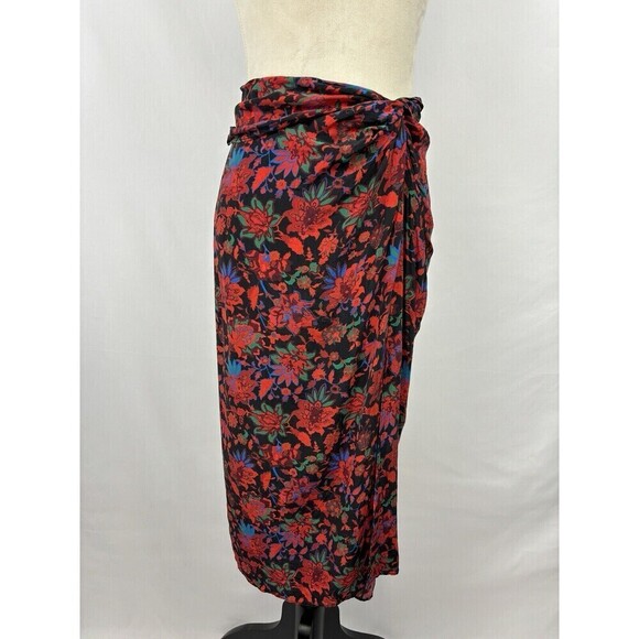 Rag & Bone Amber Midi Skirt Black Bright Floral 2 Slit Wrap Waist Detail Lined - Picture 5 of 15